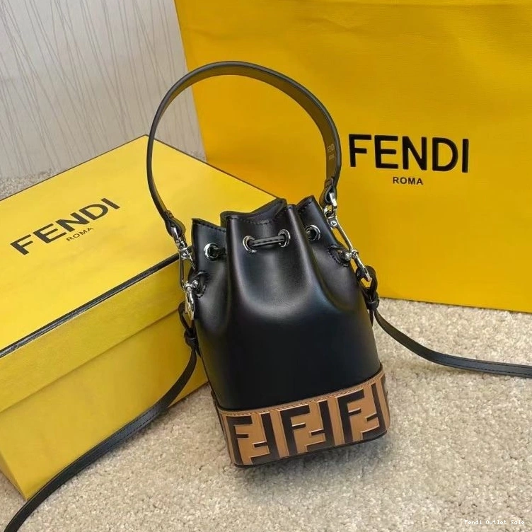 Affordable Bucket Calf Bag Fendi Mon Mini Tresor FF In Black Motif Brown Leather 0821